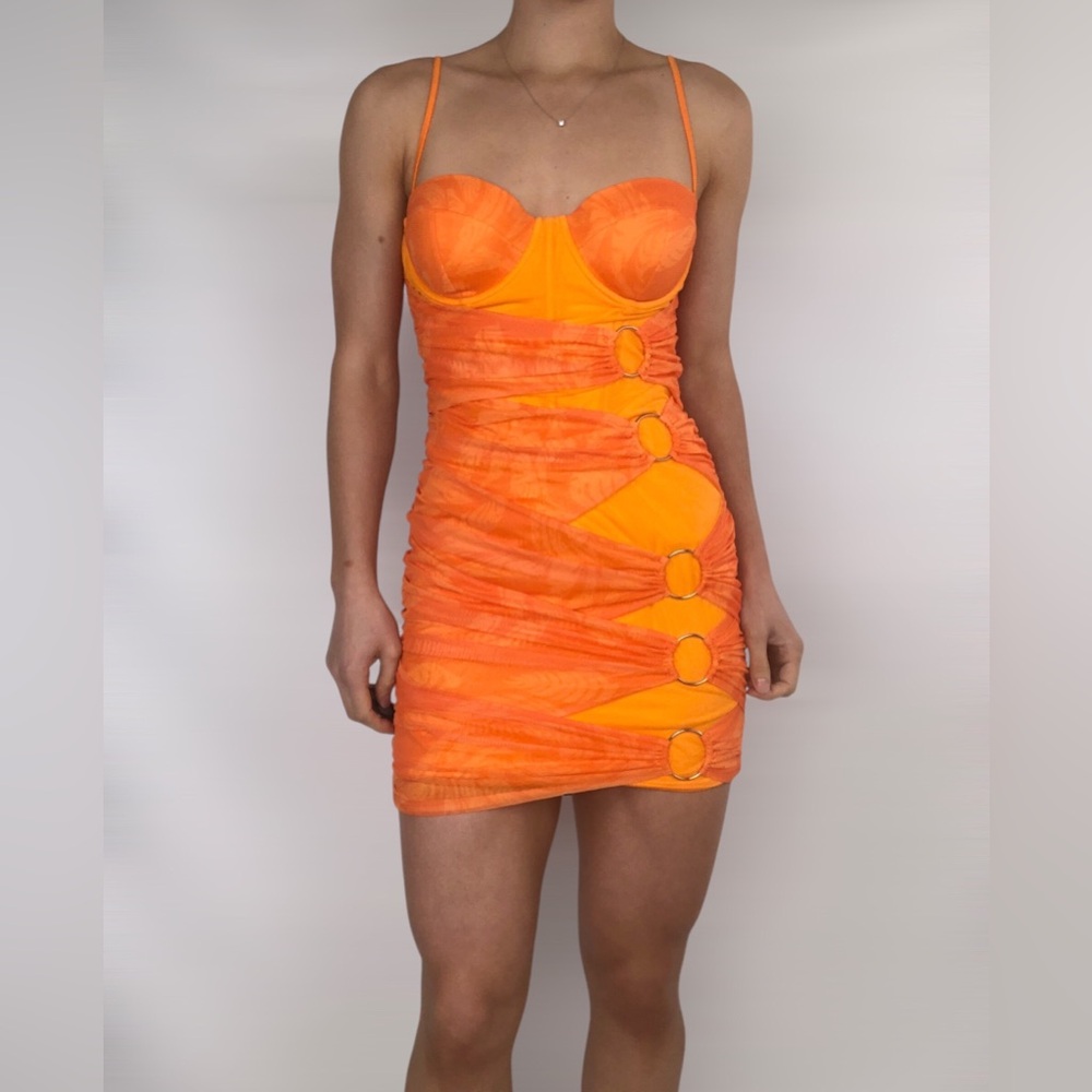 NWT‎ Oh Polly Ruched Corset Ring Detail Mini Dress in Orange Print Size 12